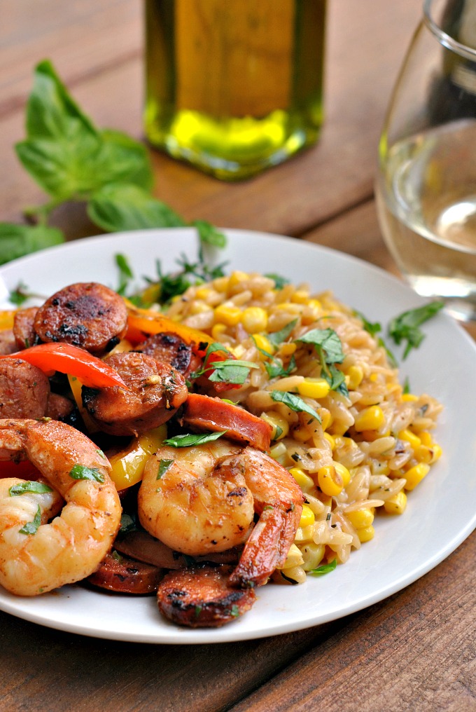 Peppery Barbecue-Glazed Shrimp with Vegetables & Orzo